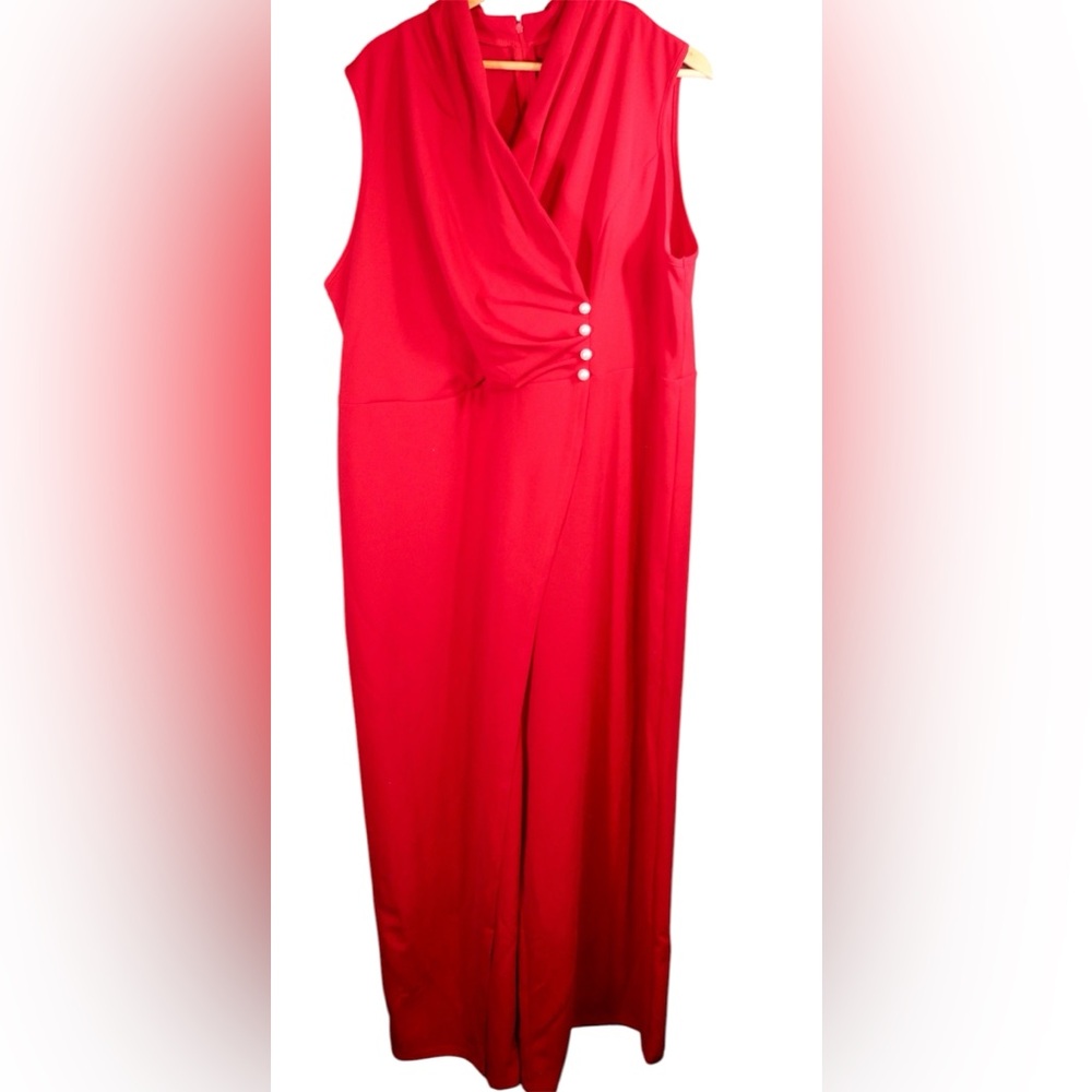 Red Wrap Front Wide Leg Jumpsuit Plus Size 4XL Sleeveless Dressy Evening Party - Picture 5 of 13